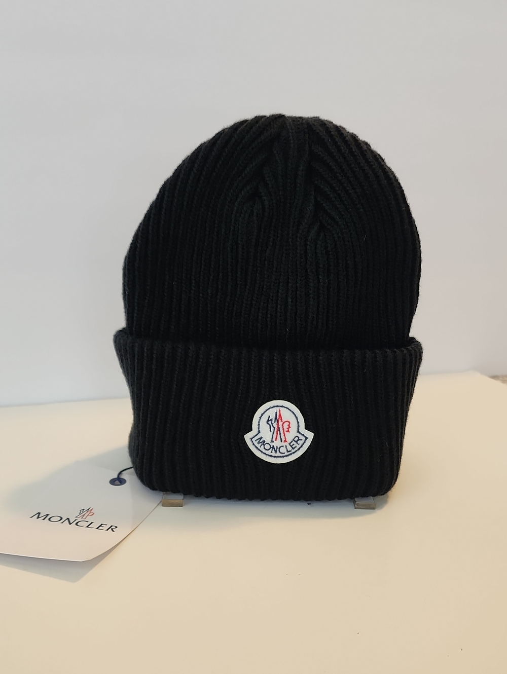 Moncler Black Ribbed Cuffed Beanie with Logo Patch